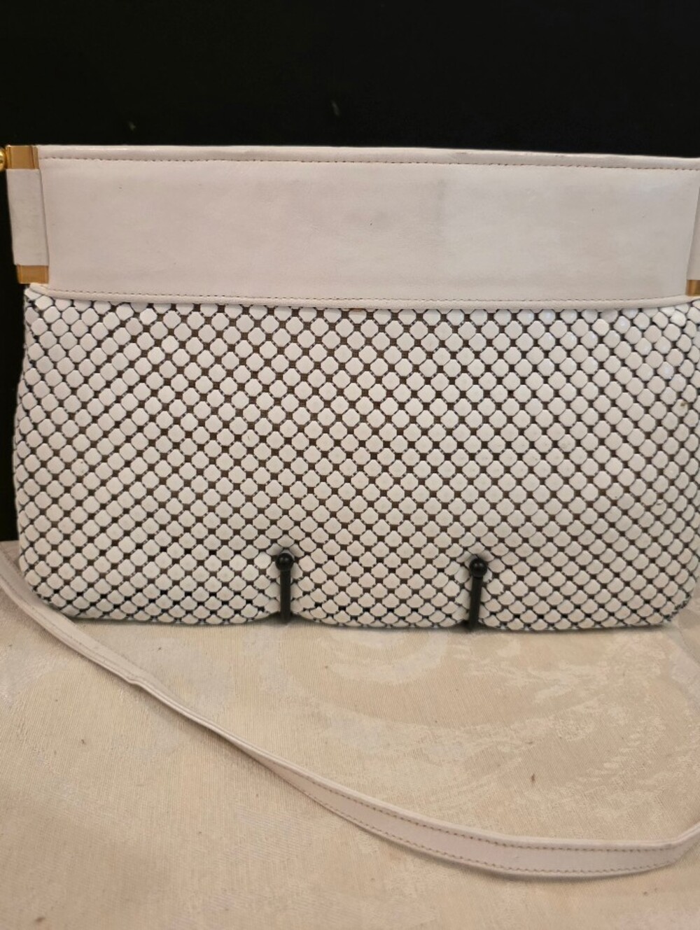 Vintage White Enamel Mesh Shoulder Bag Leather Style Trim